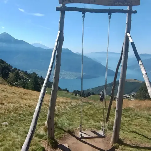 Altalena di legno con vista sul lago