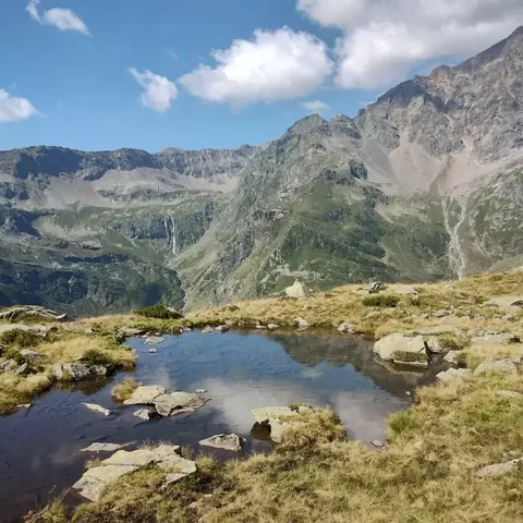 Laghetto alpino tra prati e montagne