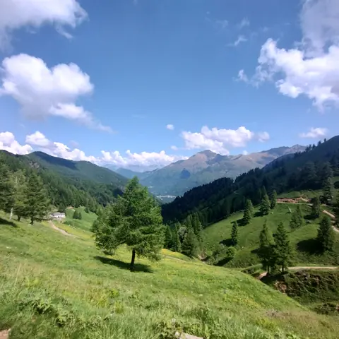Valle verde con pascoli e nuvole bianche